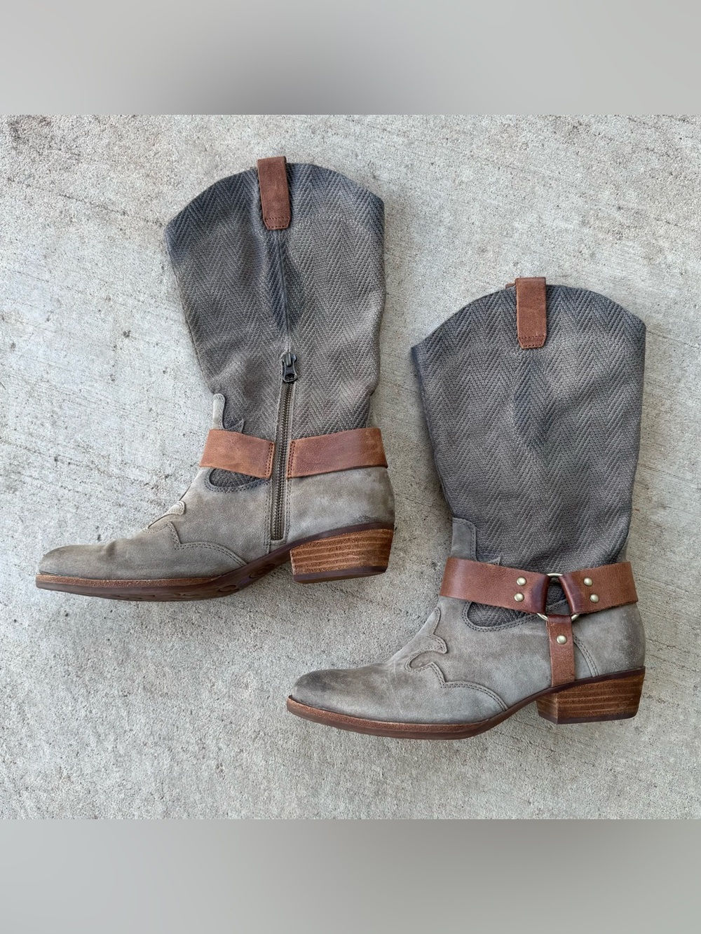 KORK-EASE Gray & Brown Distressed Leather & Fabric Western Style Harness Boots
S